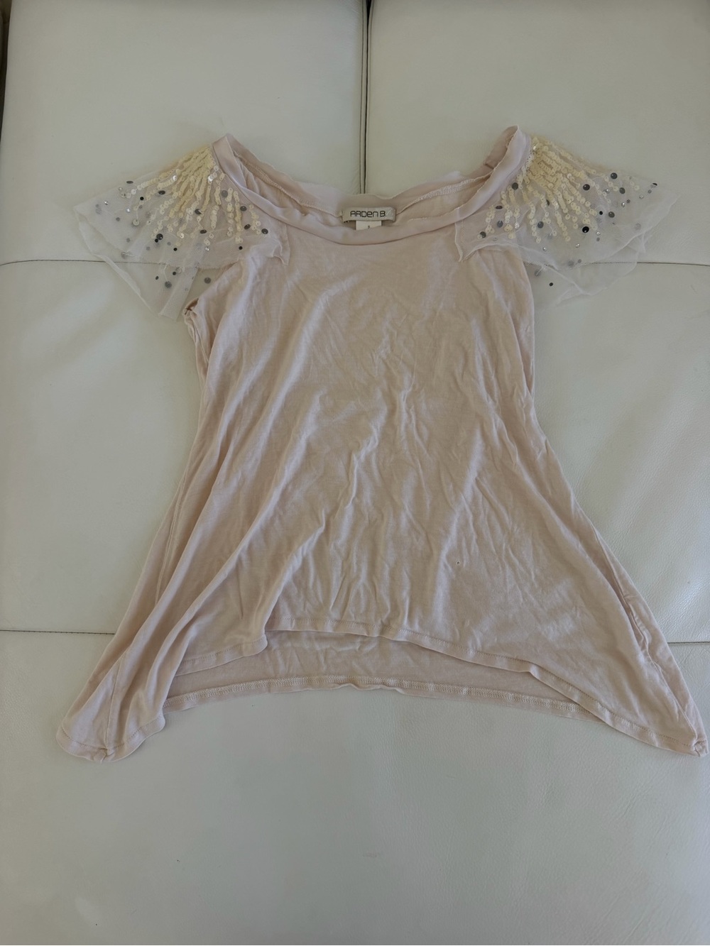 Arden B Blush Pink Tee with Sheer Embellished Sleeves